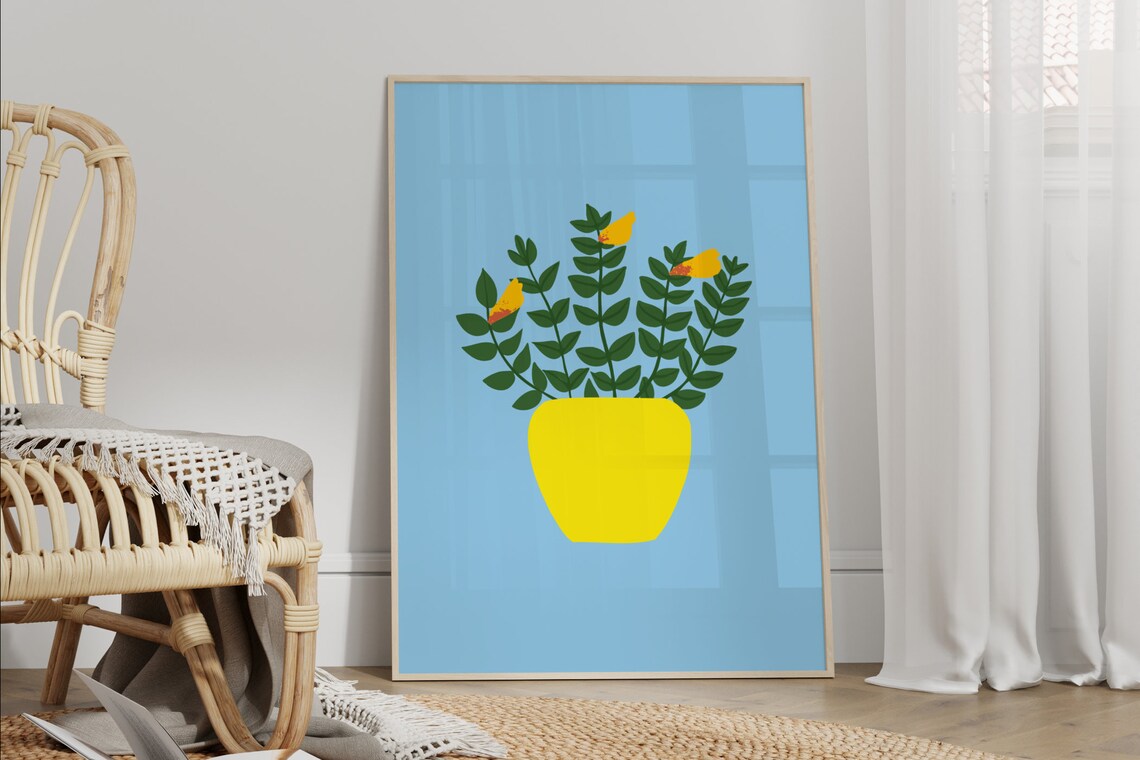 Yellow Pot House Plant With Green Leaves On Blue Botanical Print