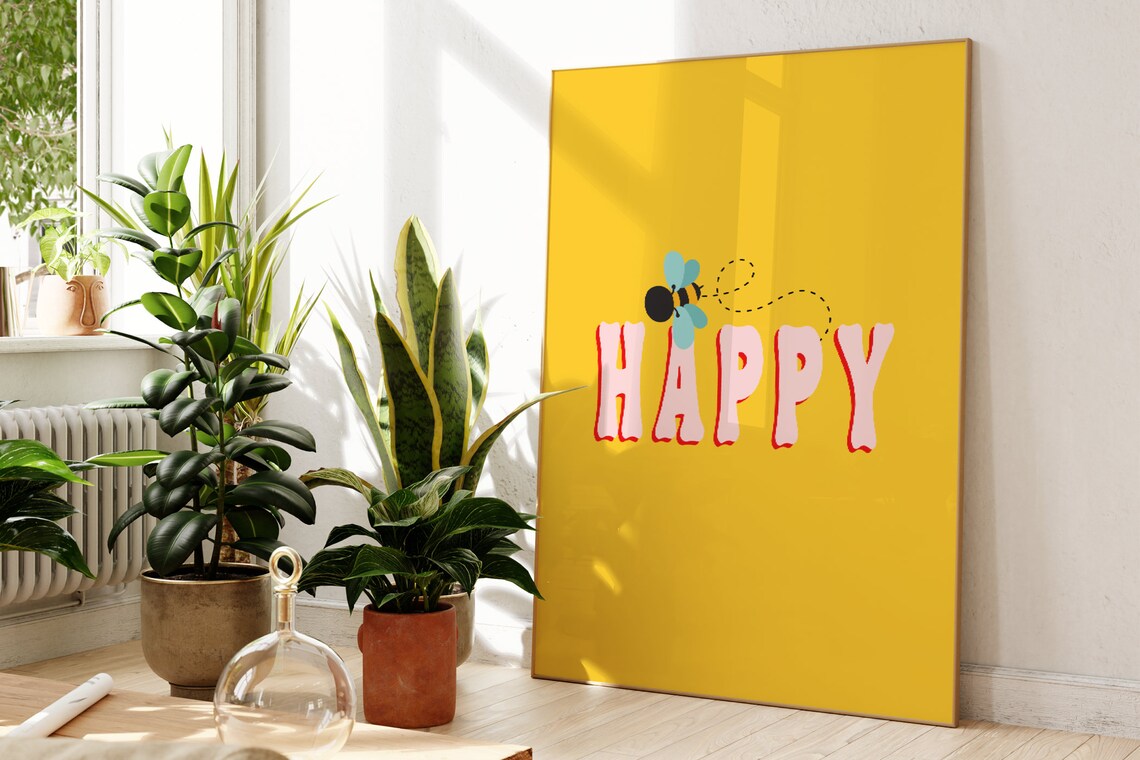 Bee Happy Quote Art Print, Colourful Positive Message