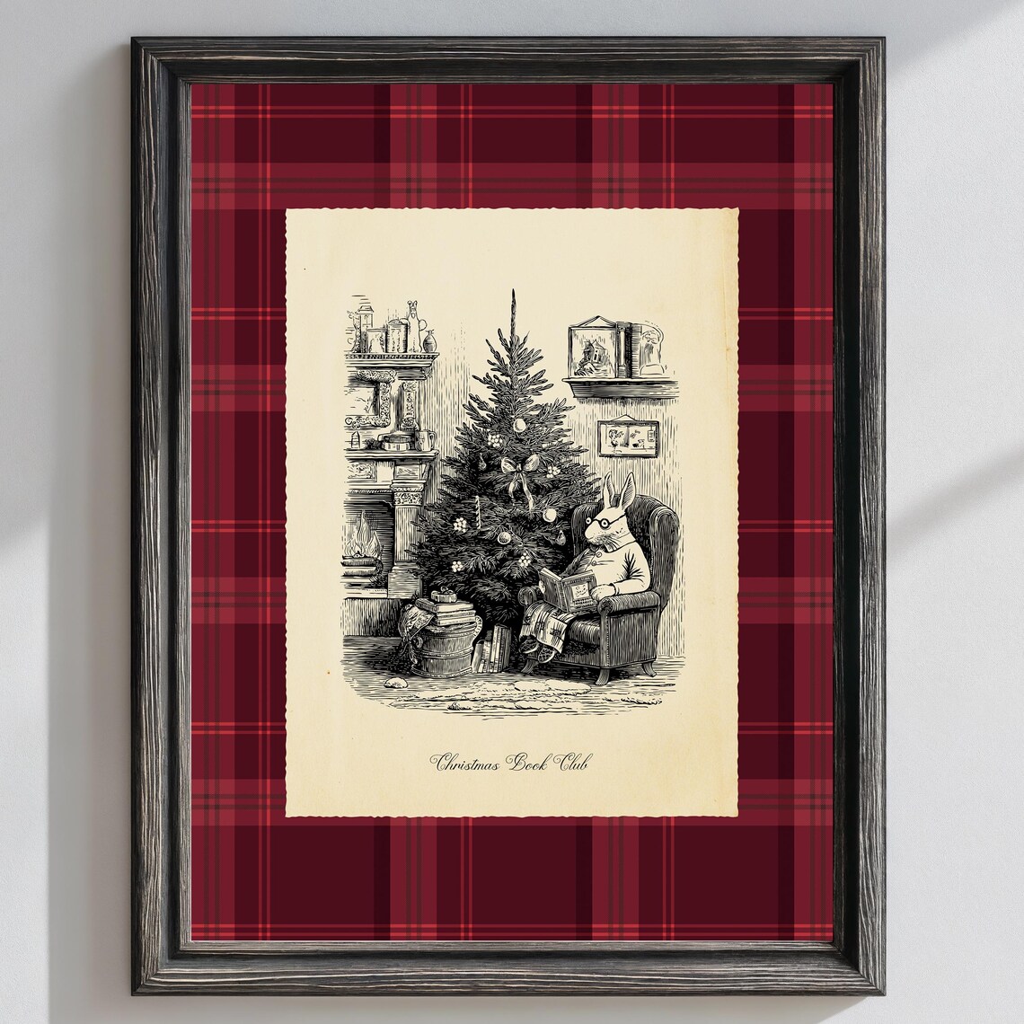 Vintage Christmas Book Club Bunny Poster Cozy Winter Reading Nook Art