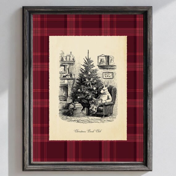 Vintage Christmas Book Club Bunny Poster Cozy Winter Reading Nook Art