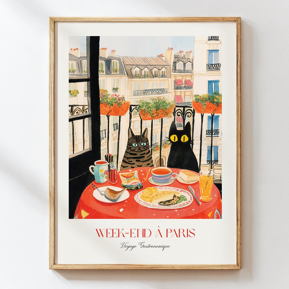 Week End a Paris Cats Poster French Cafe Breakfast Two Cats Balcony View