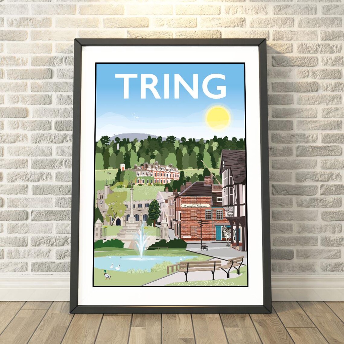 Tring Hertfordshire Park Fountain Sunny Retro Travel Style Poster