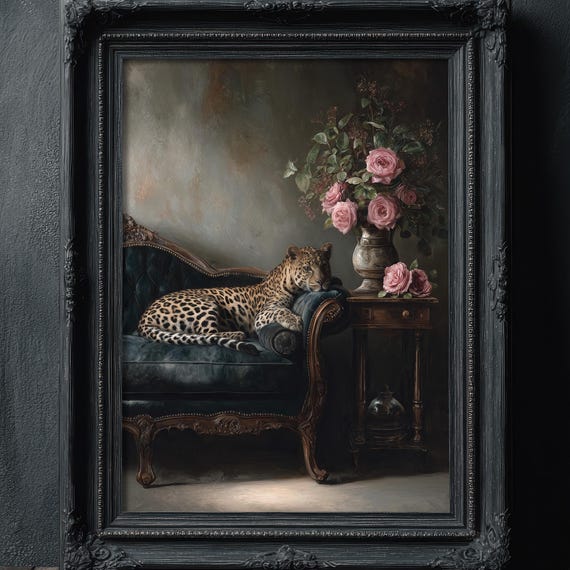 Moody Floral Leopard Art Print, Dark Academia Decor