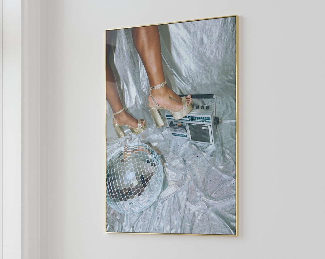 Disco Ball Gold Platform Heels Boombox Retro Party Photo Poster