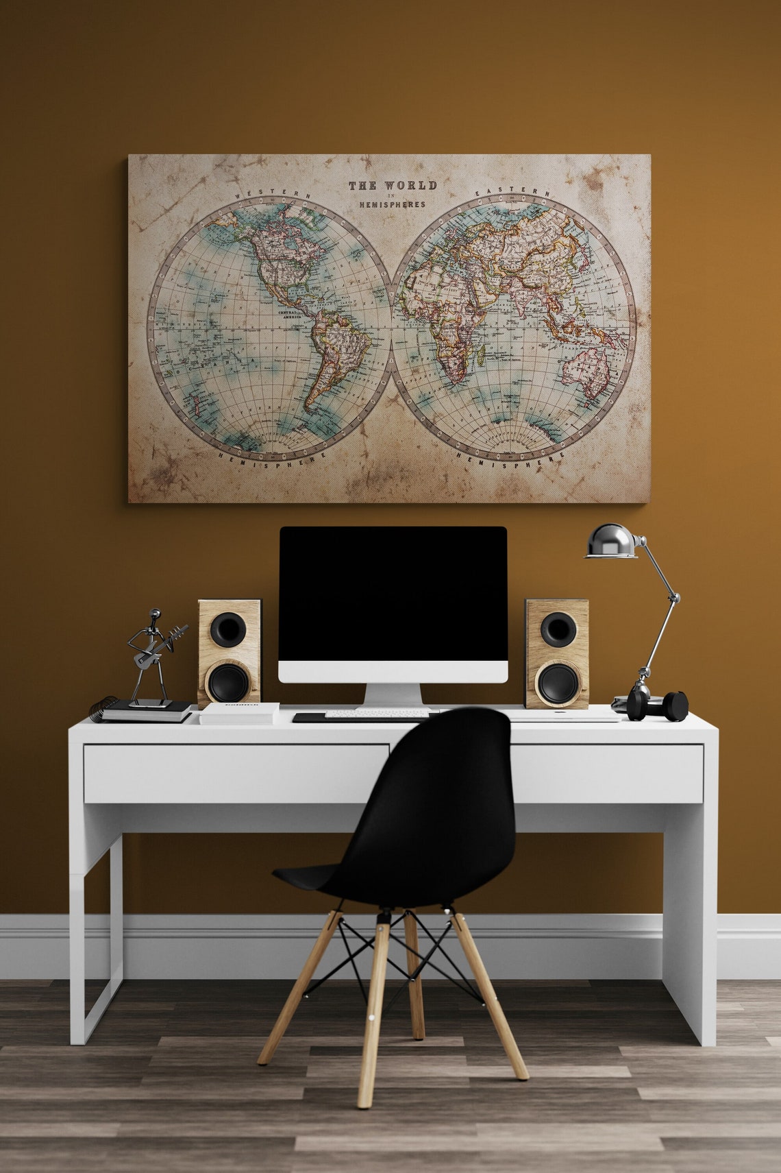 Vintage World Map Double Hemisphere Antique Travel Poster Framed - Image 3