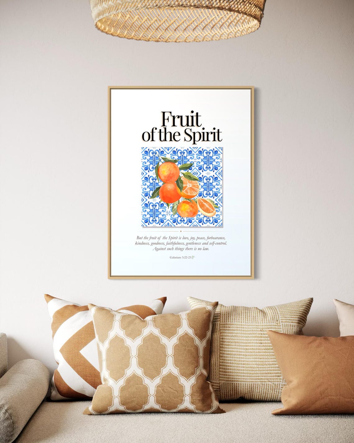 Fruit of the Spirit Citrus and Blue Tile Bible Verse Poster on White - Image 5