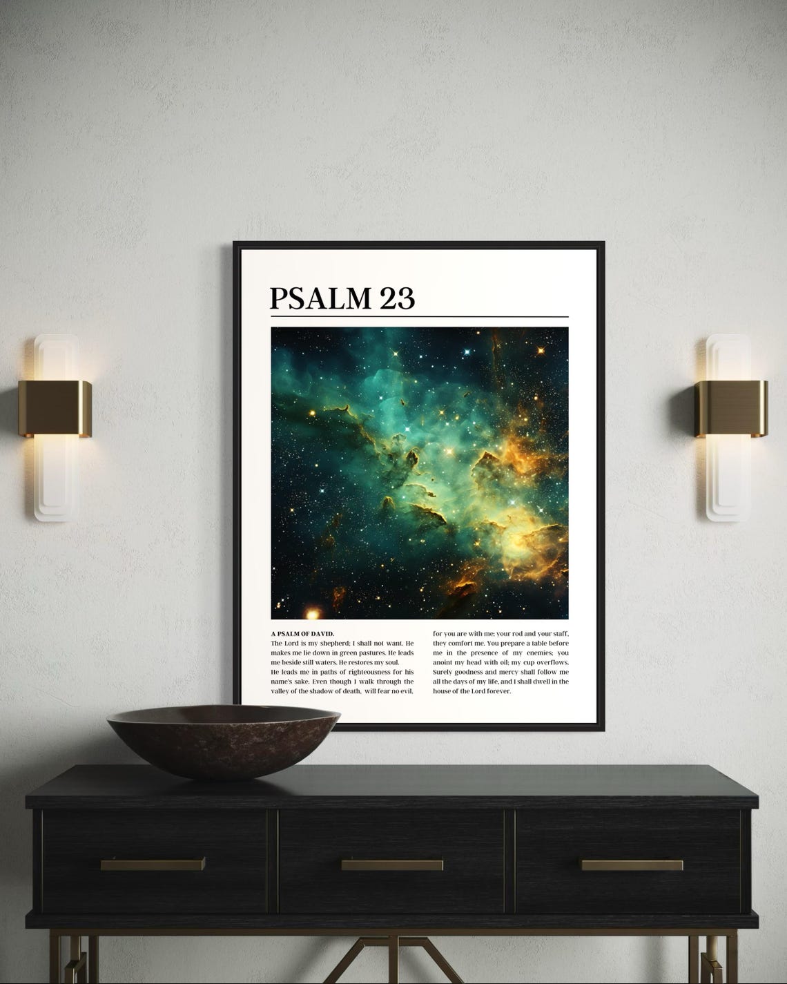 Psalm 23 Bible Verse Poster with Green and Gold Galaxy Nebula Image - Image 5