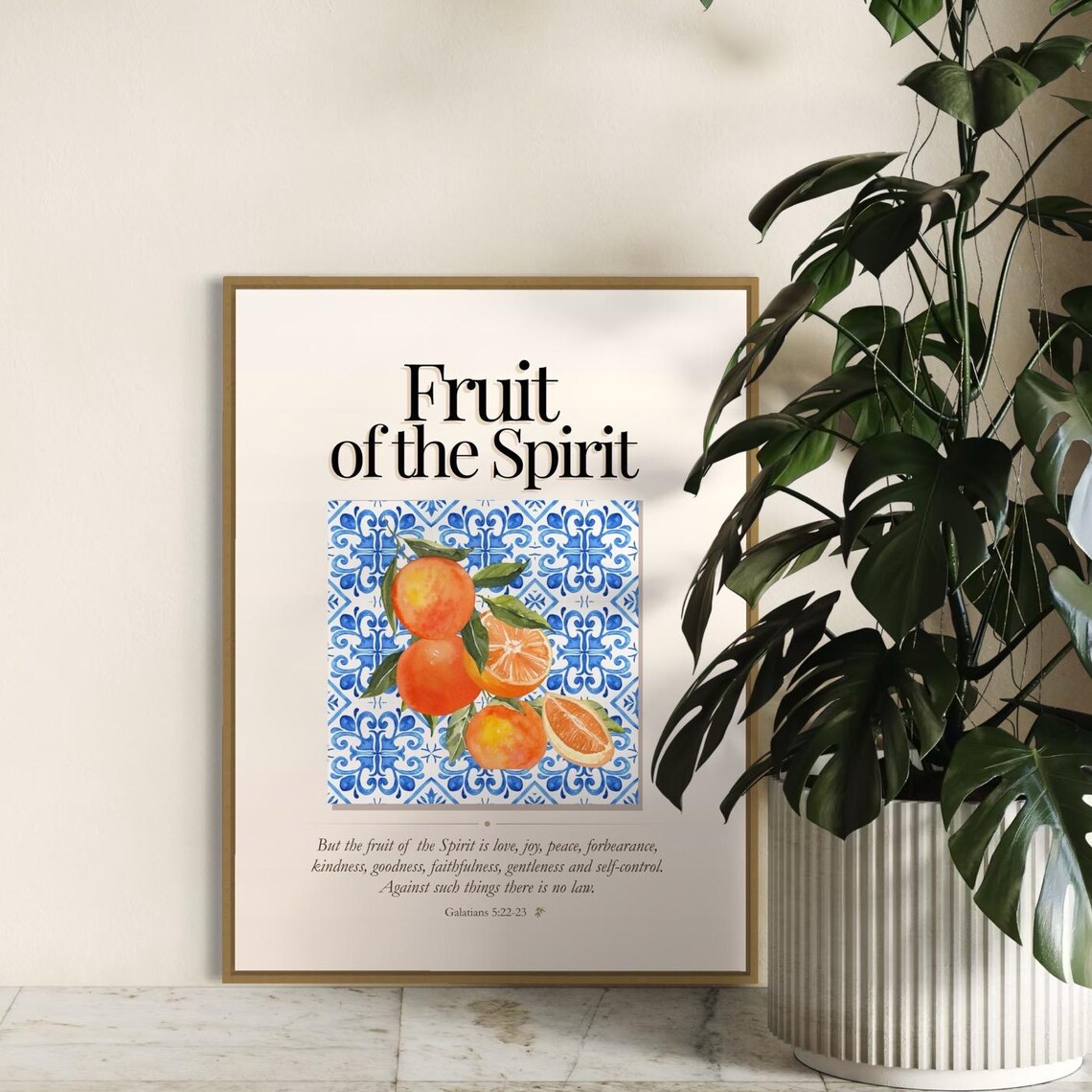Fruit of the Spirit Citrus and Blue Tile Bible Verse Poster on Cream - Image 6