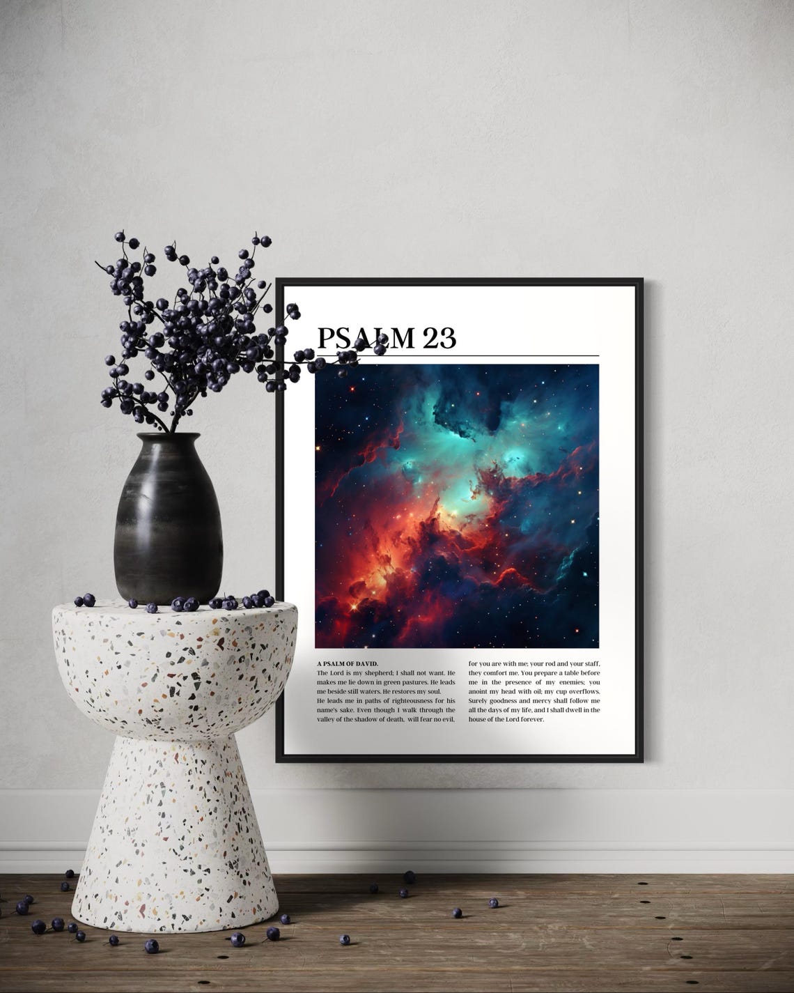Psalm 23 Bible Verse Poster with Teal and Red Galaxy Nebula Image - Image 6