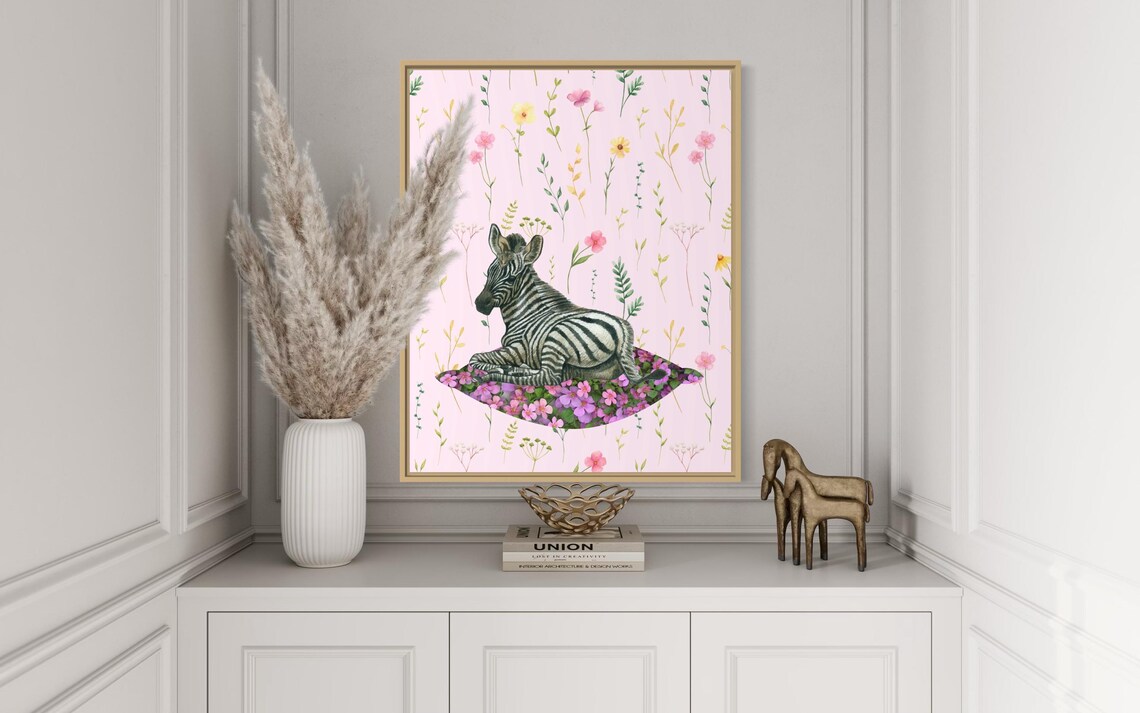 Baby Zebra Foal Resting on Pink Floral Bed Nursery Animal Poster - Image 3