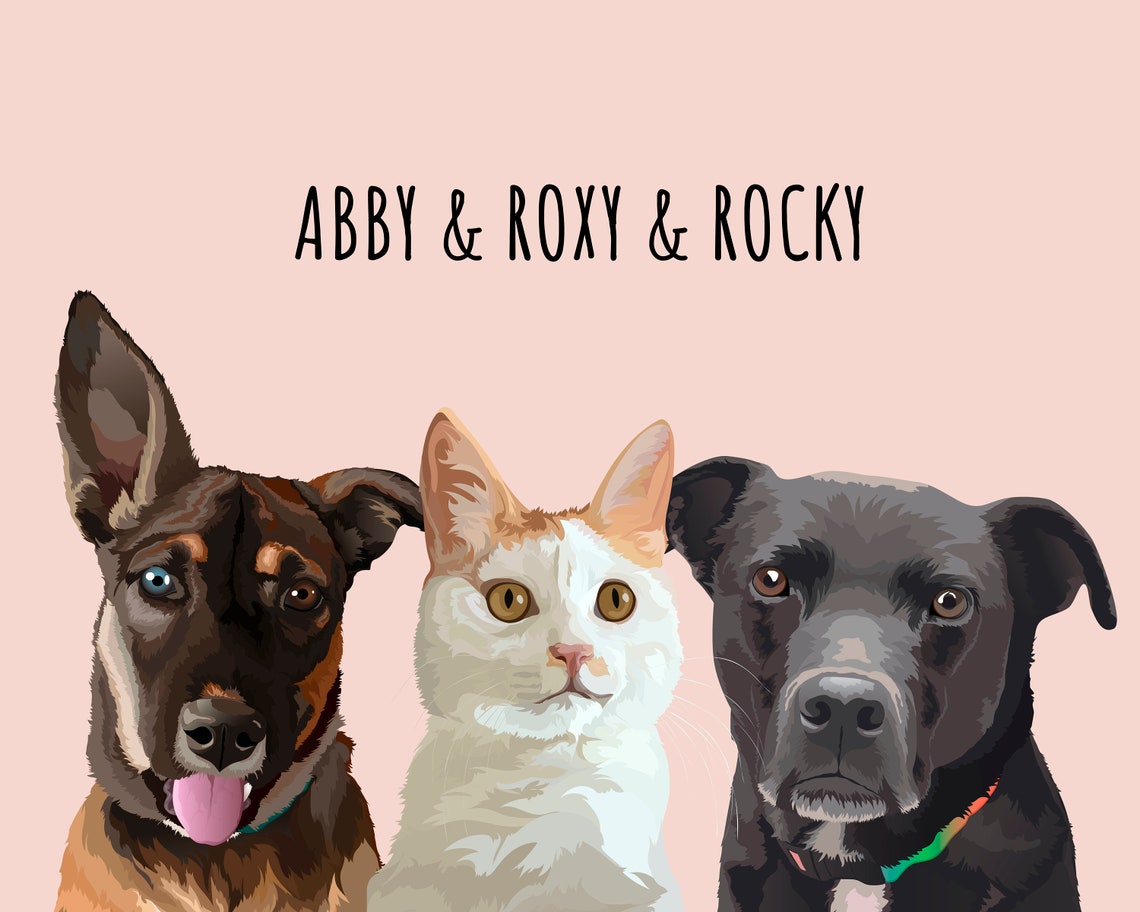 Custom Two Dogs And Cat Portrait Abby Roxy Rocky Trio Poster