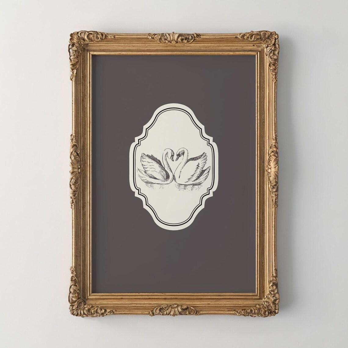 Charcoal Black Vertical Swan Illustration Art Print
