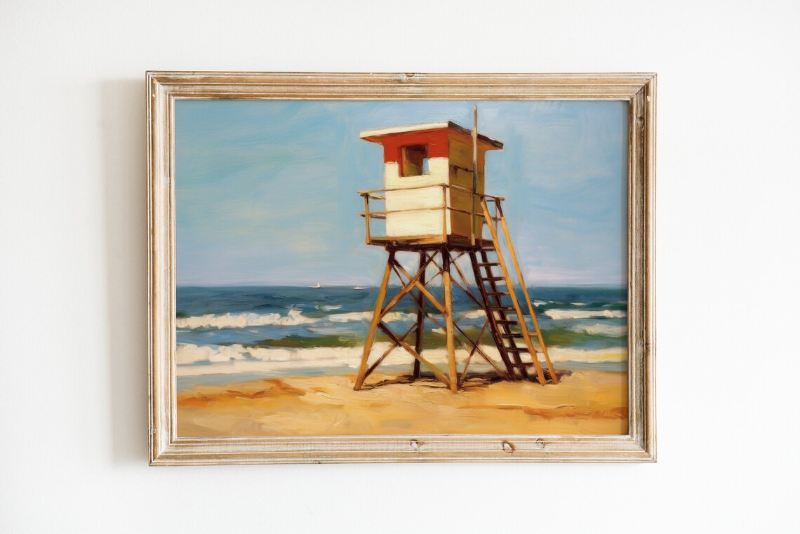 Retro Coastal Print, Preppy Beach Bathroom Art Print