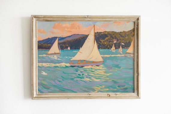 Retro Coastal Sailboat Print, Preppy Seascape Art