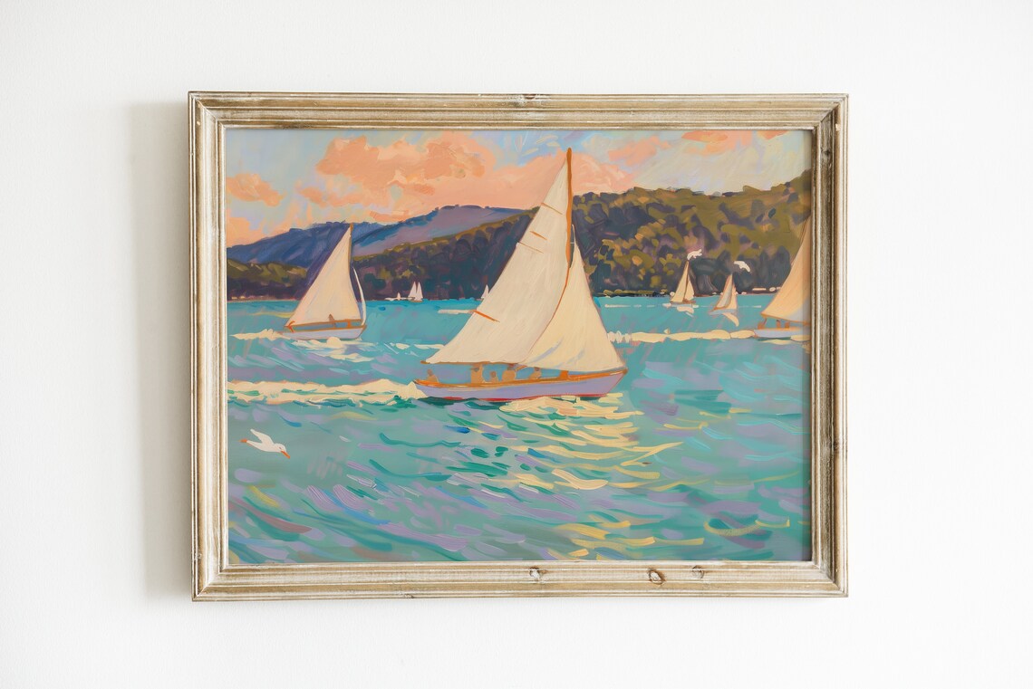Retro Coastal Sailboat Print, Preppy Seascape Art