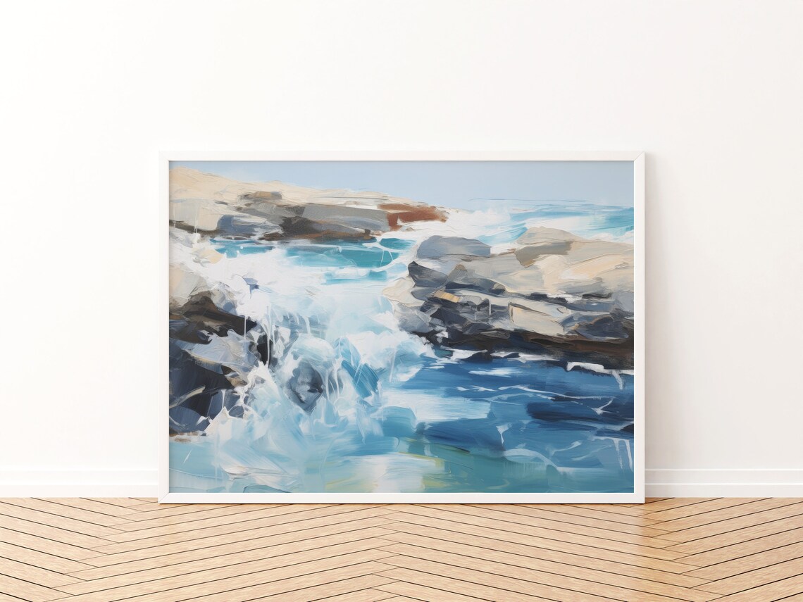 Blue and White Coastal Abstract Ocean Art Print - Image 3