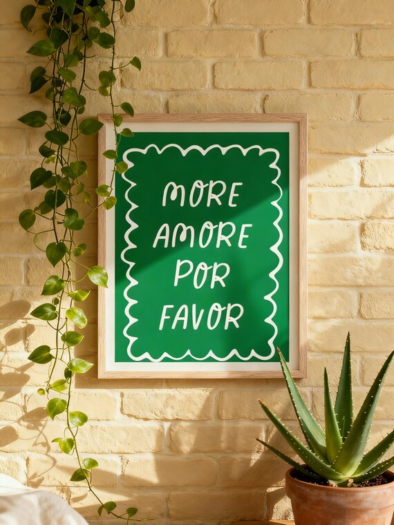 More Amore Por Favor Wall Art Print Retro Green Typography Poster Positive Quote Modern Minimalist Spanish Deco