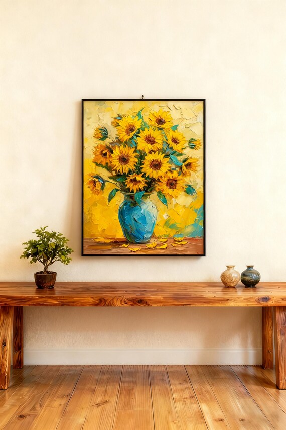 Sunflower Art Print, Oil Painting Style Floral Poster
