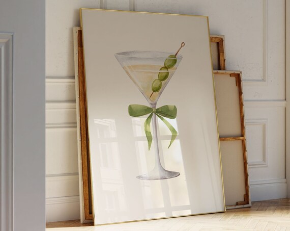 Dirty Martini Watercolor Poster with Green Bow on Tall Glass