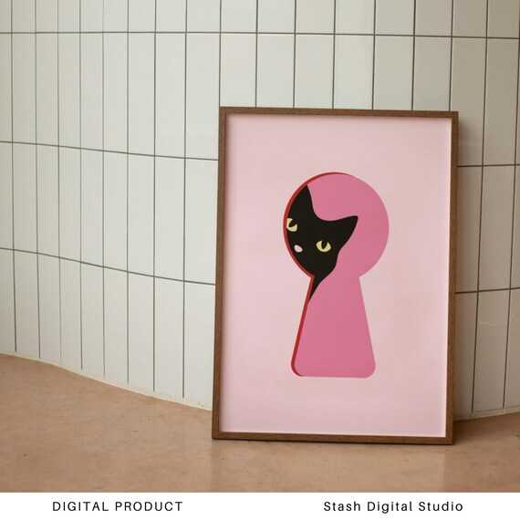 Black Cat Peeking Through Pink Keyhole Cute Minimalist Cat Poster
