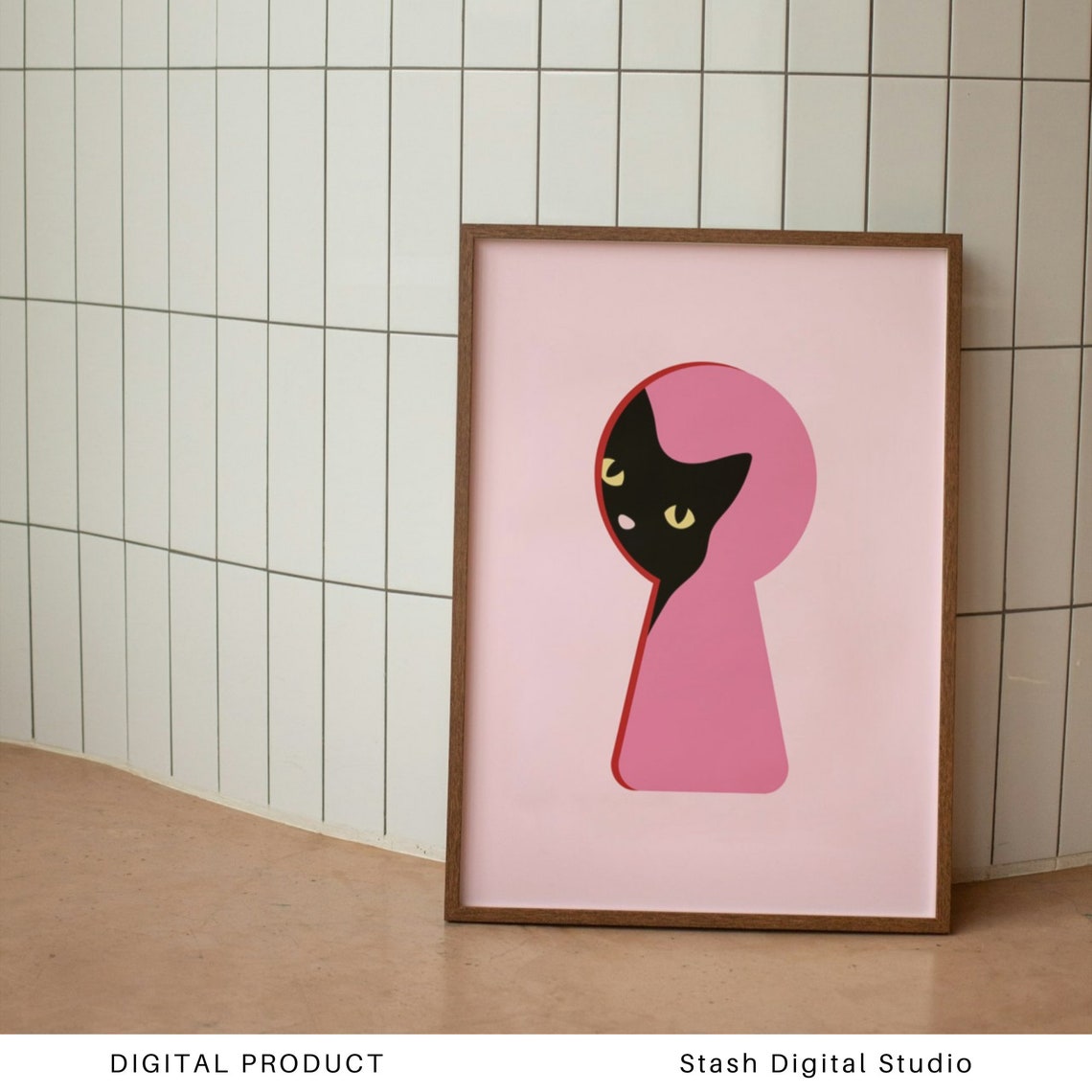 Black Cat Peeking Through Pink Keyhole Cute Minimalist Cat Poster