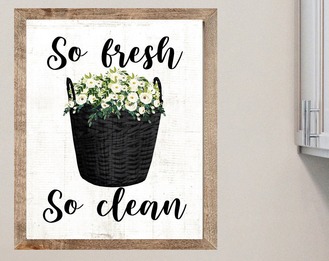 So Fresh So Clean Black Laundry Basket Floral Farmhouse Poster