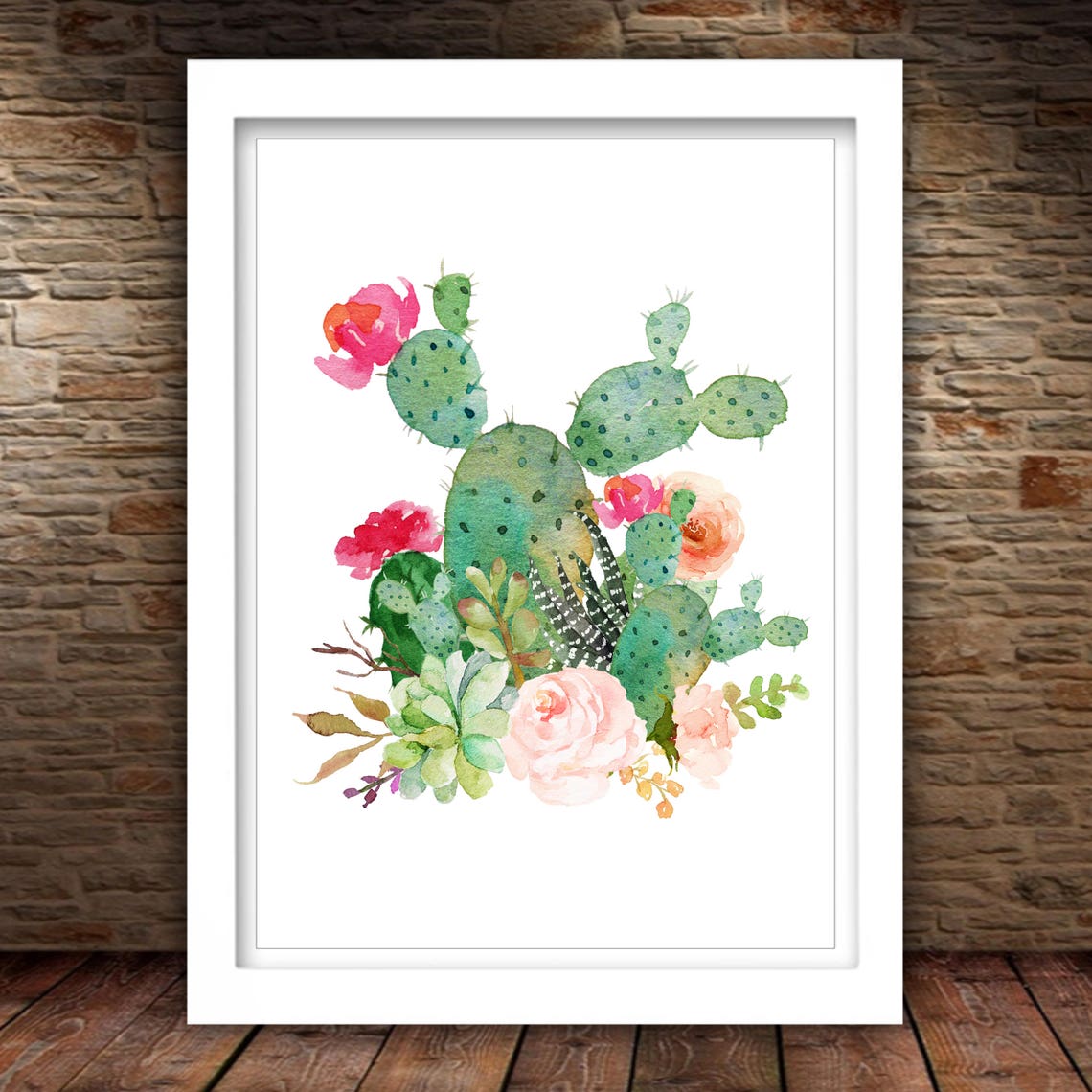 Watercolor Cactus Succulent Floral Bouquet Southwestern Bloom Wall Art - Image 3