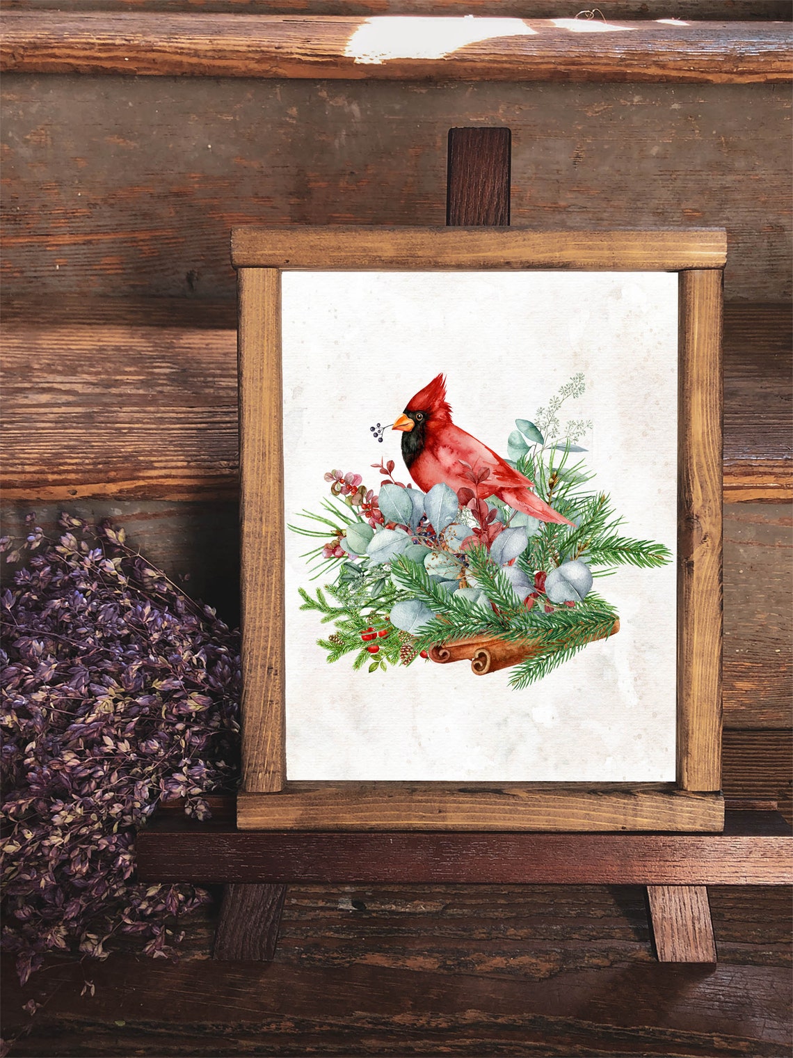 Red Cardinal Winter Greenery Bouquet Watercolor Christmas Wall Art - Image 3