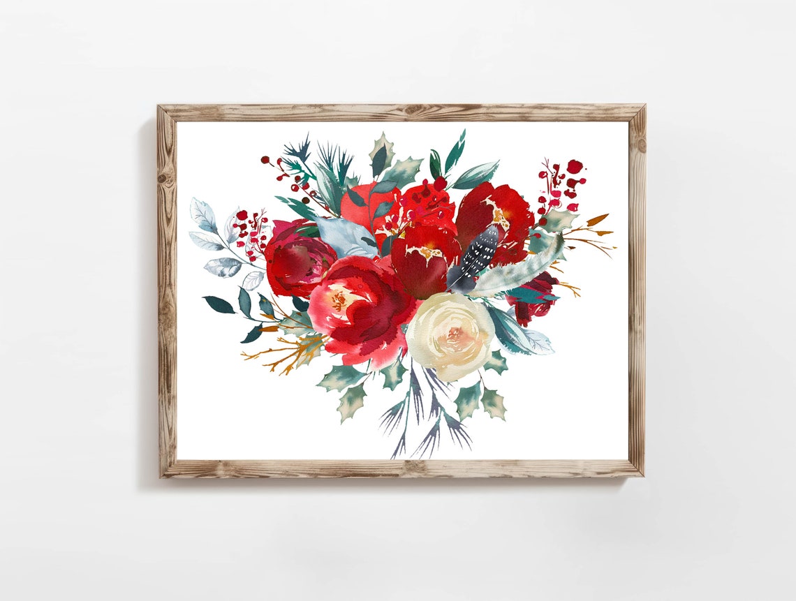 Winter Red Roses and White Bloom Floral Bouquet Holiday Wall Art