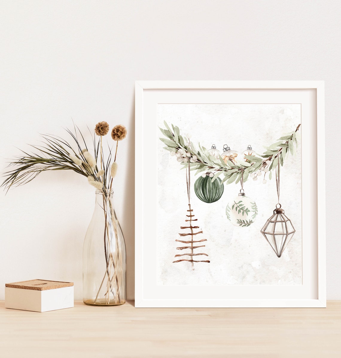 Watercolor Rustic Christmas Ornaments Greenery Branch Square Wall Art - Image 3