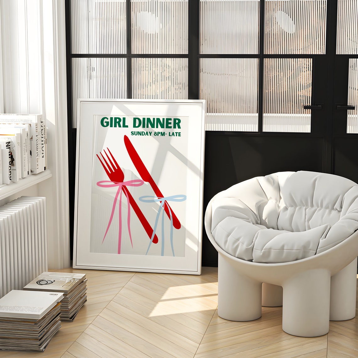 Girl Dinner Sunday Night Fork Knife Bow Party Invitation Poster - Image 2