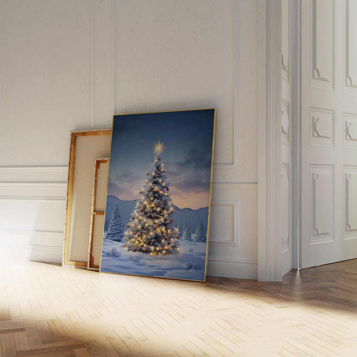 Snowy Christmas Tree With Lights Winter Dusk Landscape Poster - Image 3