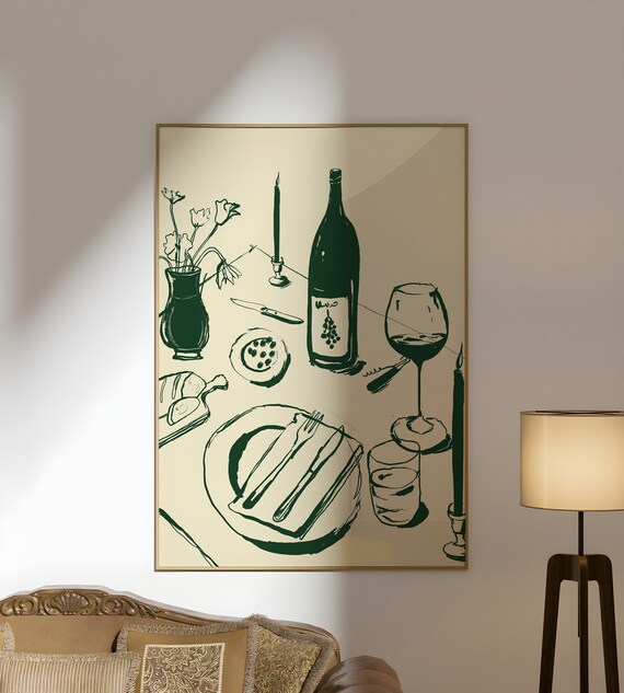 Rustic Green Ink Vino Bottle Table Sketch Italian Dinner Art Poster