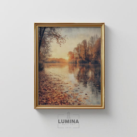 Hazy Autumn Riverbank At Sunset Moody Fall Landscape Print Rustic Nature Scene Warm Earthy Wall Art Painting 180