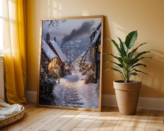 Snowy Village Street At Dusk Glowing Windows Vintage Winter Poster