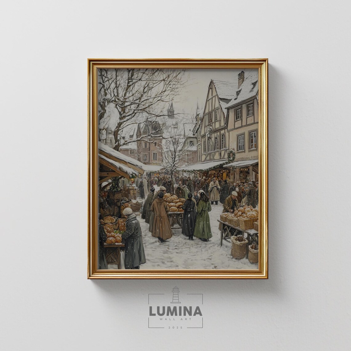 Bustling Winter Market Historic Town Square Vintage Christmas Scene Poster