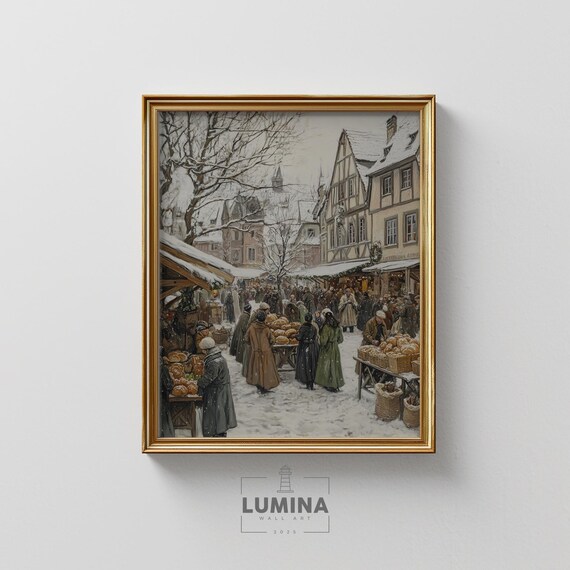 Bustling Winter Market Historic Town Square Vintage Christmas Scene Poster