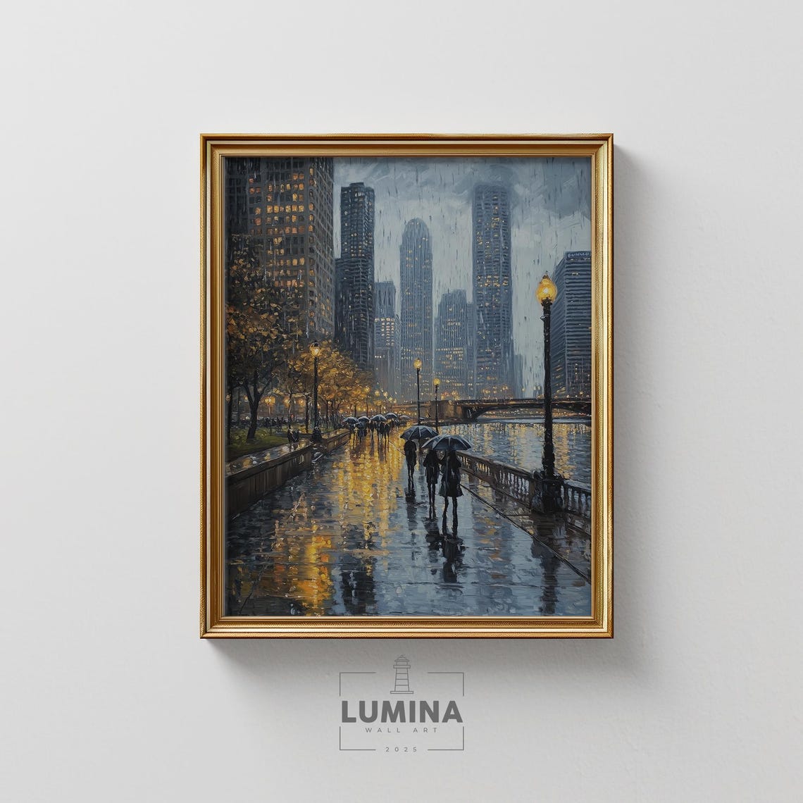 Rainy City Riverwalk Night Umbrellas Impressionist Oil Wall Art