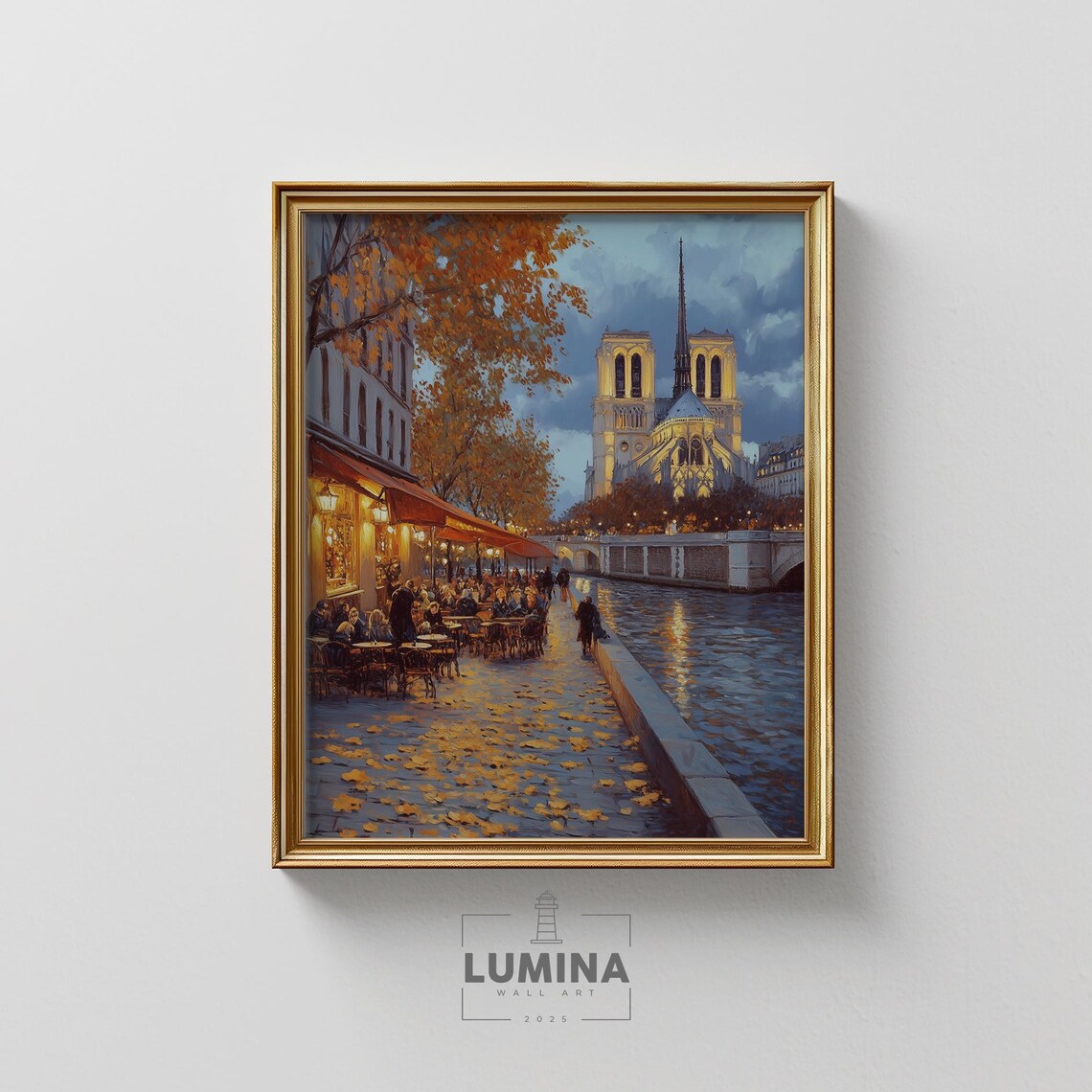 Paris Notre Dame Cathedral Twilight Seine Riverside Cafe Poster