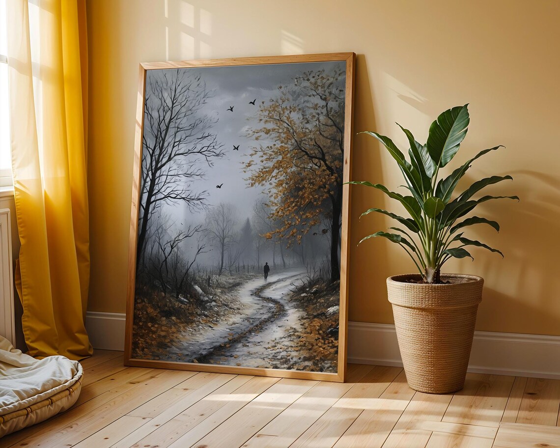 Last Leaves Of Autumn Moody Foggy Woodland Forest Path Poster