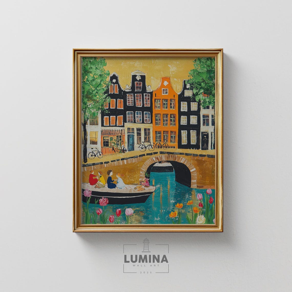 Amsterdam Canal Spring Gabled Houses Canal Boat Tulips Art Poster