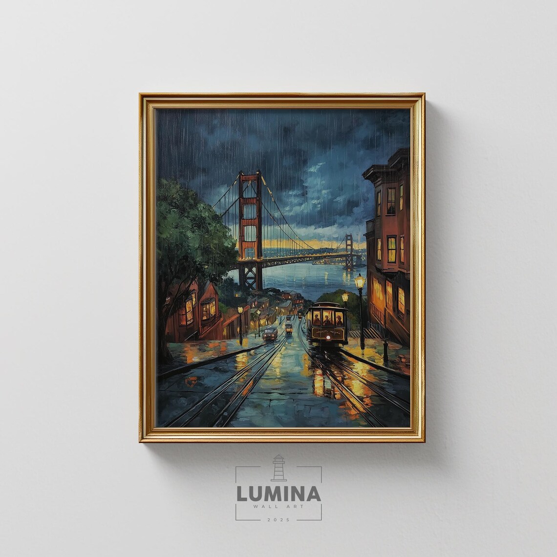 San Francisco Golden Gate Bridge In Rain Moody Night Travel Print