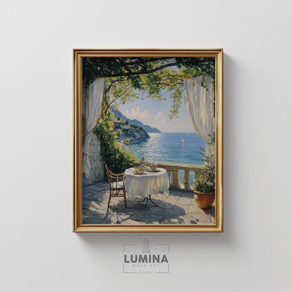 Sunlit Terrace Overlooking The Sea Coastal Summer Painting Poster