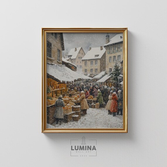 Traditional Winter Market Snowy Village Christmas Crowd Painting Poster