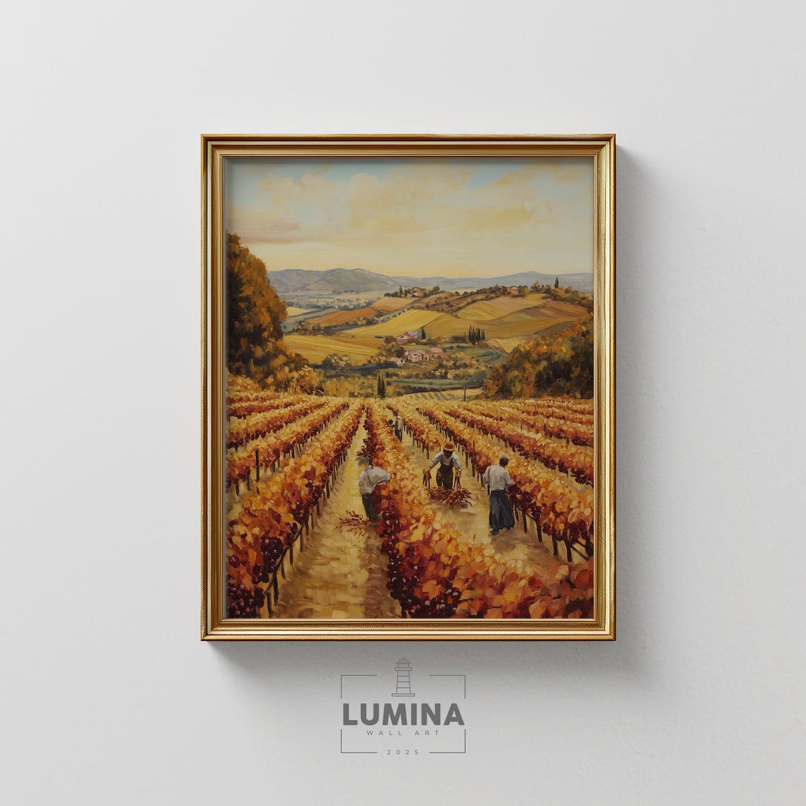 Golden Autumn Vineyard Harvest Workers Rolling Hills Vintage Poster