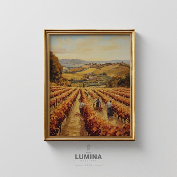 Golden Autumn Vineyard Rustic Fall Countryside Scene Harvest Wall Art Warm Earthy Decor Painting 177