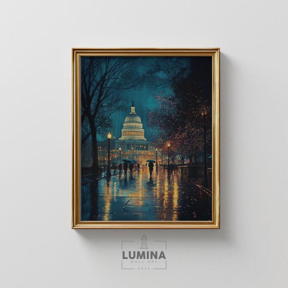 Washington Dc In The Rain Vintage Capitol At Night Moody Historic Cityscape Warm Autumn Glow Art Print Wall Decor 406