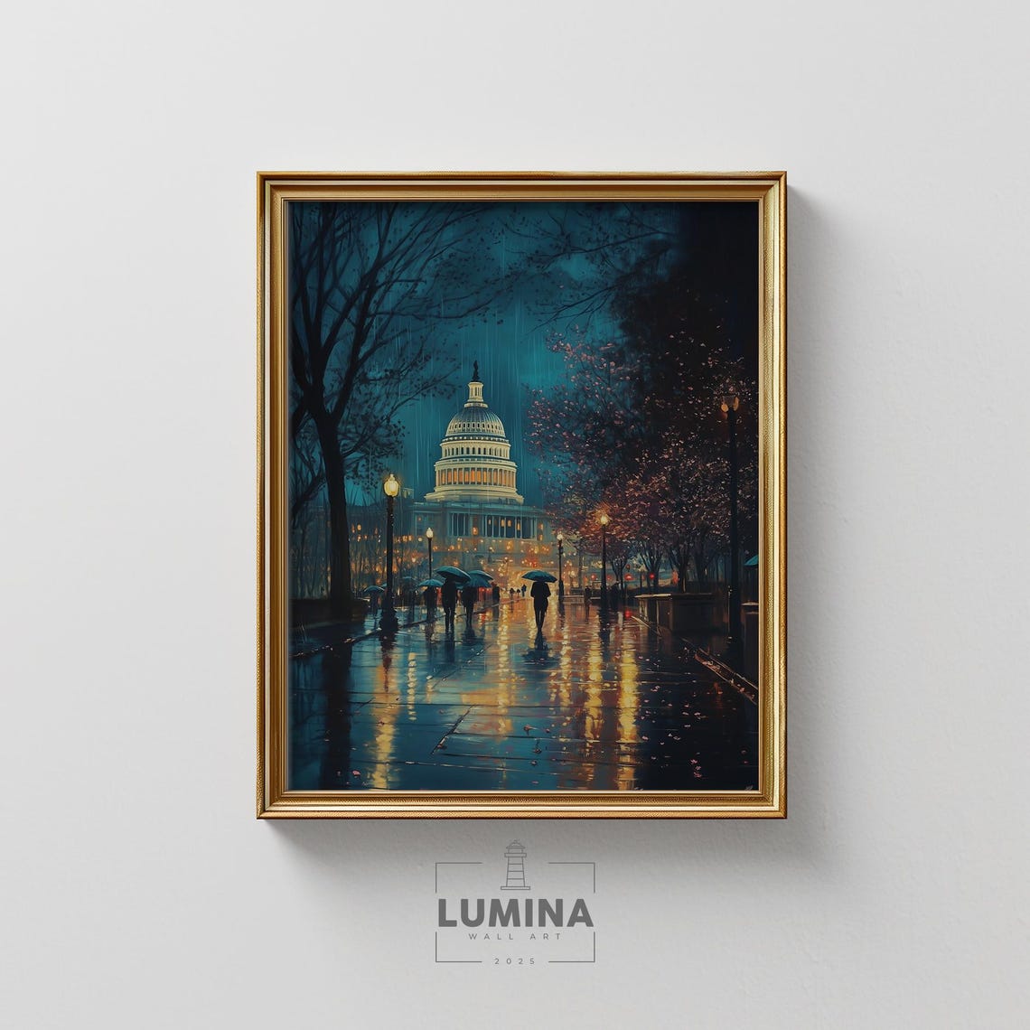 US Capitol Night Rain Umbrellas Washington DC Oil Painting Wall Art
