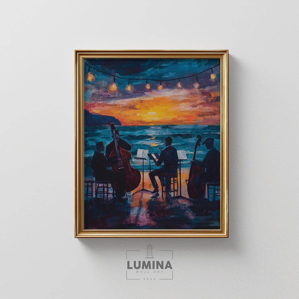 Warm Jazz Trio Seaside Cafe Sunset Moody Ocean Painting Poster