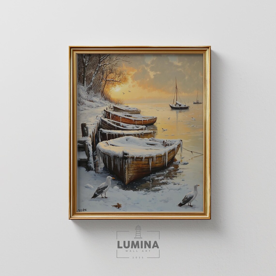 Frozen Boats at Snowy Dock Icicles Winter Morning Calm Harbor Art Poster